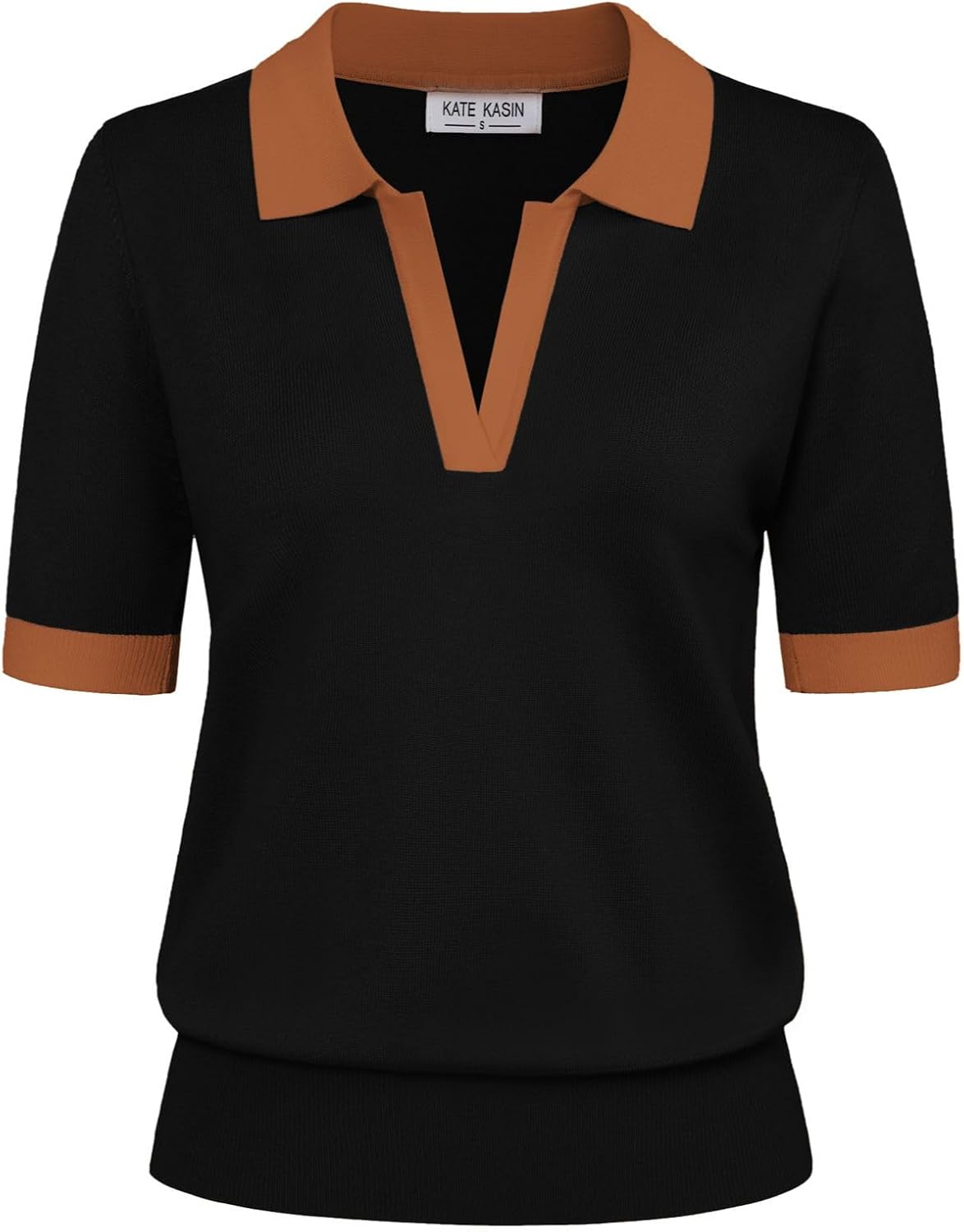Kate Kasin Women Short Sleeve Polo Sweater V Neck Knitted Tops Casual Ribbed Shirt Loose Pullover Sweater