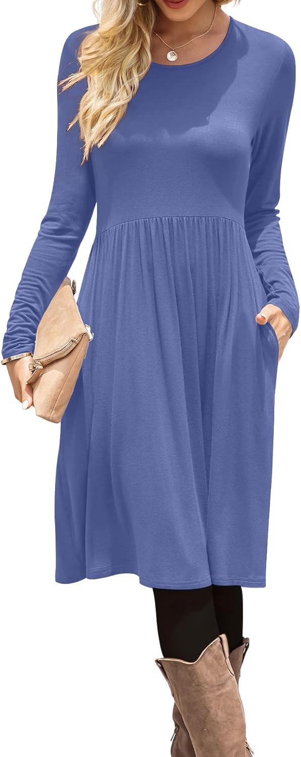 DB MOON Women Casual Long Sleeve Dresses Empire Waist Knee Length Loose Dress with Pockets
