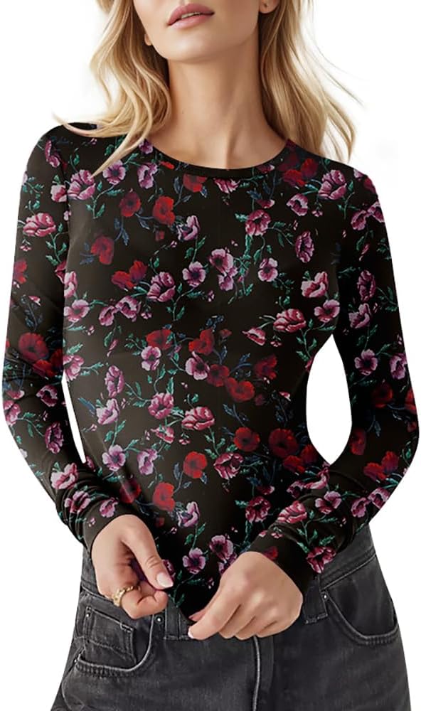 AKEWEI Womens Mesh Long Sleeve Tops Crew Neck Sexy See Through Tee Shirts Party Club Night Lace Blouse