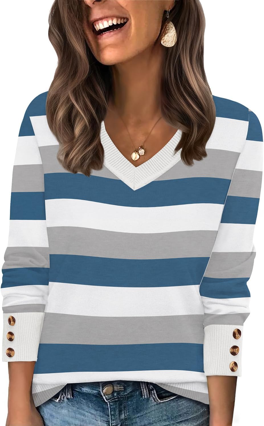 WIHOLL Lightweight Sweaters for Women Long Sleeve V Neck Knit Outfits with Decorative Buttons