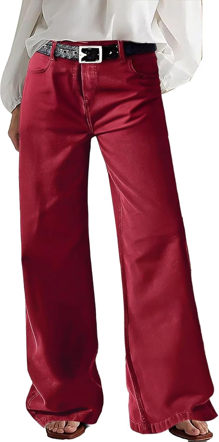 Flamingals Wide Leg Jeans for Women Mid Waist Baggy Stitch Decor Denim Washed Pants Without Belt