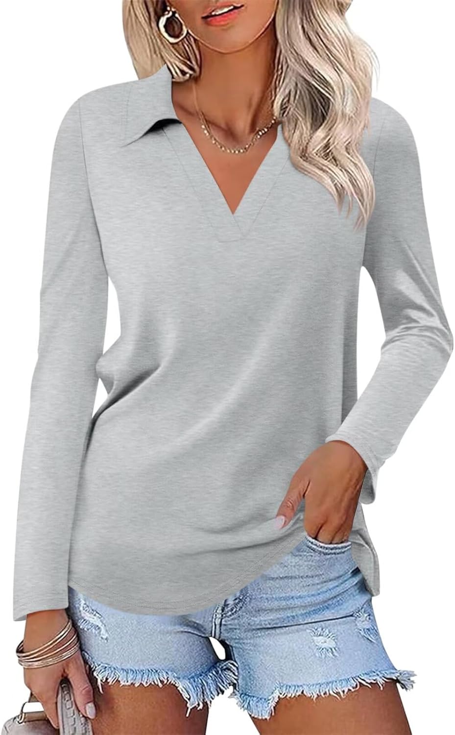 ORANDESIGNE Women's Long Sleeve Polo Shirts Casual Color Block V Neck Tops Fall Collar Ladies Tunics Tees