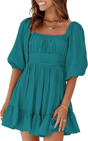 Dokotoo Womens Summer Dresses Square Neck Tie Back Lantern Sleeve Ruffle A-Line Casual Dress