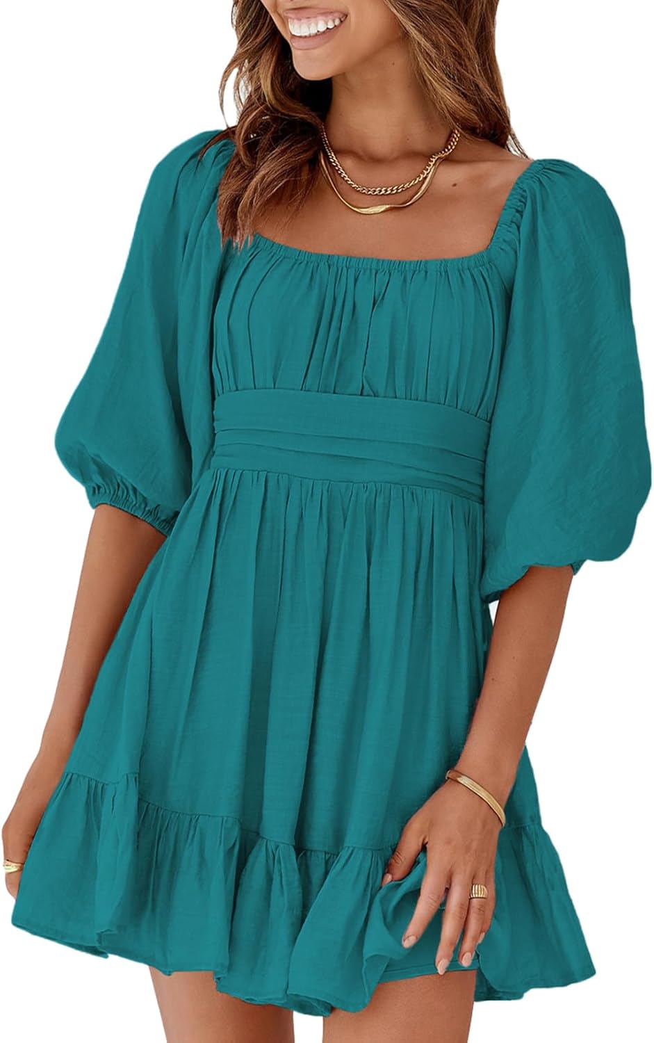 Dokotoo Womens Summer Dresses Square Neck Tie Back Lantern Sleeve Ruffle A-Line Casual Dress