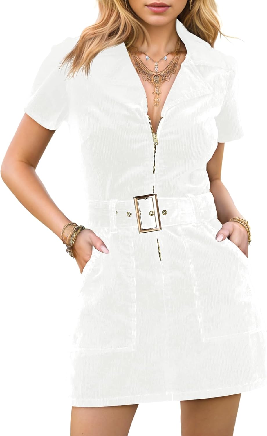 Women's Corduroy Mini Dress Short Sleeve Lapel Zip Up Belted Cowgirl Dresses with Pockets