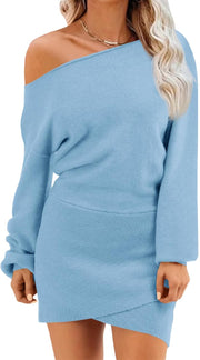 Wenrine Women's Off The Shoulder Sweater Dress 2025 Fall Winter Casual Long Sleeve Knit Slim Fit Pullover Mini Dresses