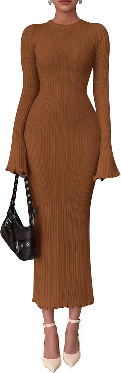 PRETTYGARDEN Sweater Dresses for Women 2025 Fall Bell Long Sleeve Crew Neck Bodycon Maxi Dress Winter Ribbed Knit Outfits