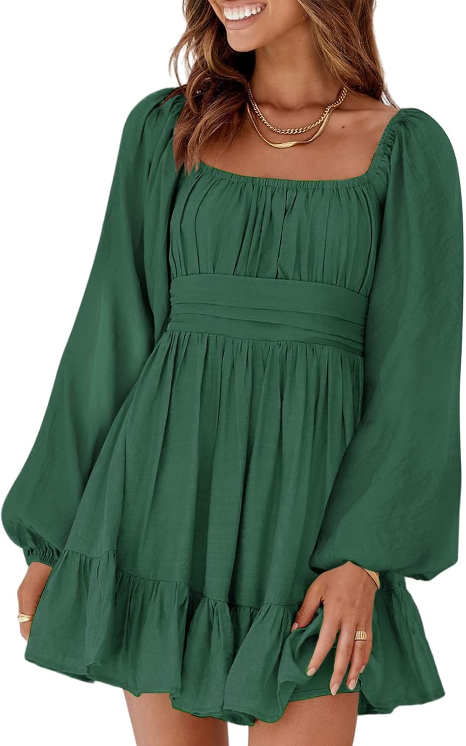 Dokotoo Womens Dress Long Lantern Sleeve Square Neck Tie Backless Sexy Dress Ruffle Elastic Waist A-Line Mini Dress