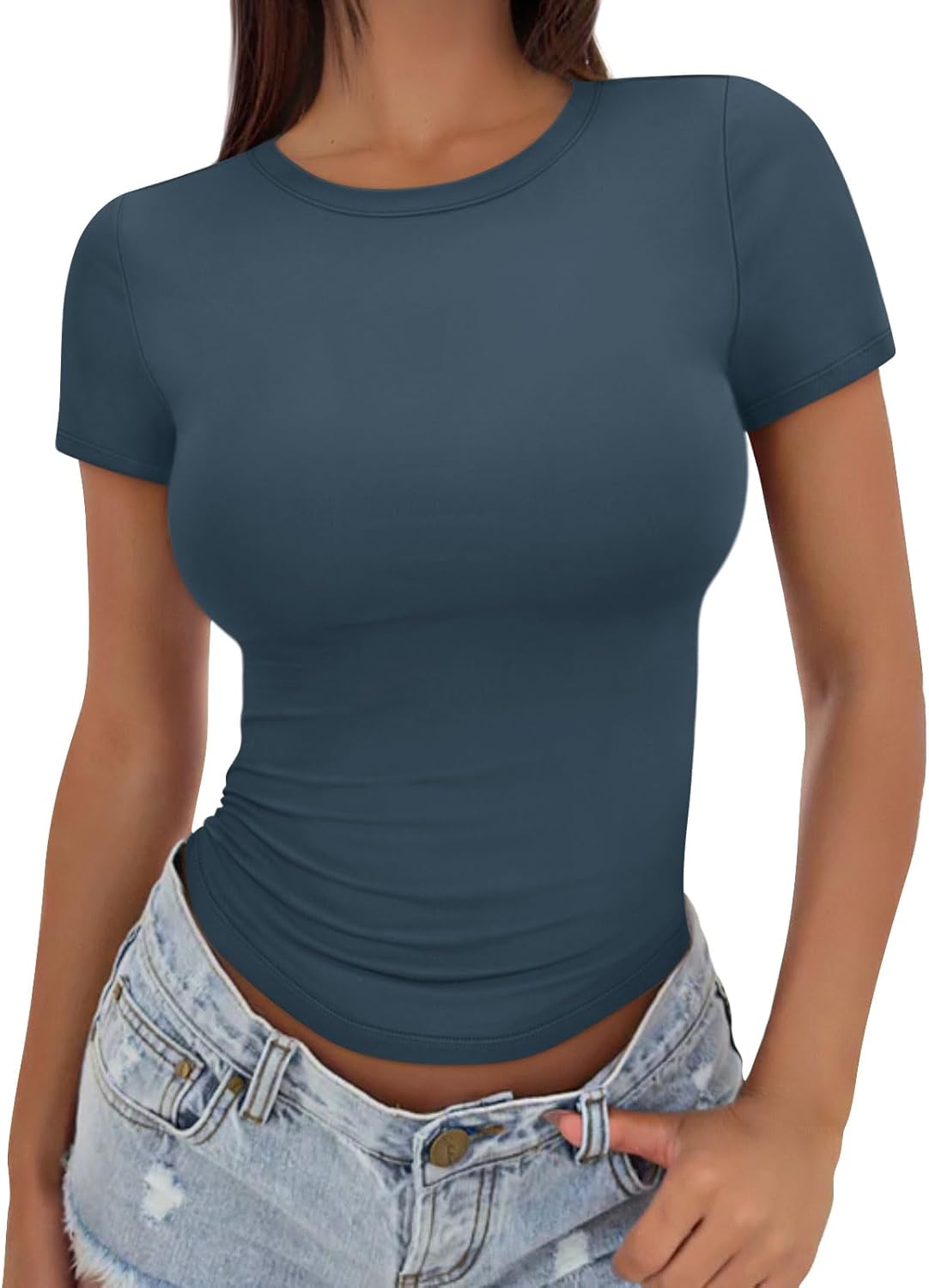 Trendy Queen Womens Basic T Shirts Summer Tops 2025 Crop Short Sleeve Slim Fit Tee Cute Gym Workout Clothes