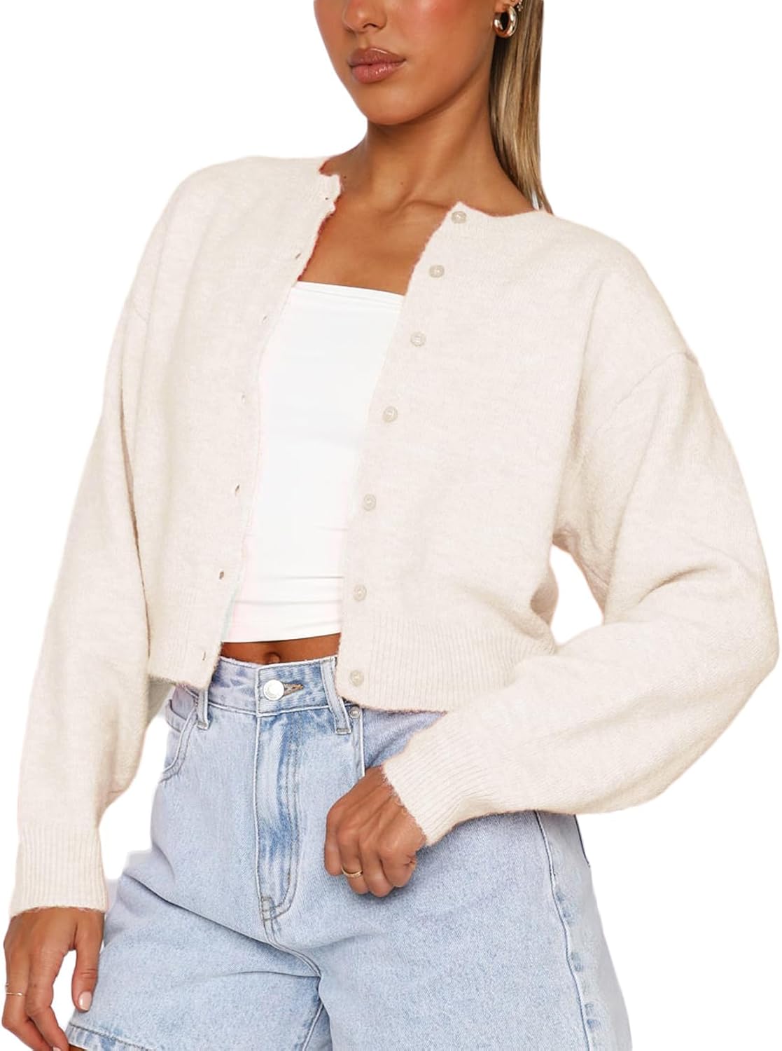 Women Y2K Button Front Crop Sweater Cardigan Solid Color Crew Neck Long Sleeve Knit Fall Tops Streetwear
