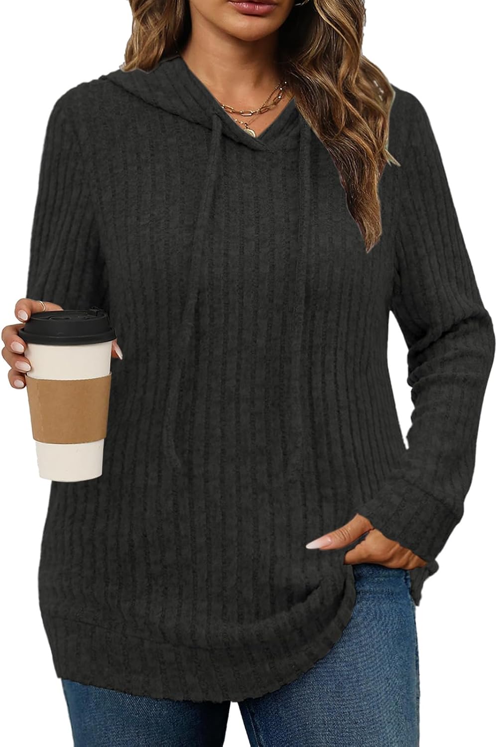 Womens Plus Size Lightweight Ribbed Knit Hoodie Sweaters Casual Long Sleeve Pullover Tops for Fall Winter L-4XL