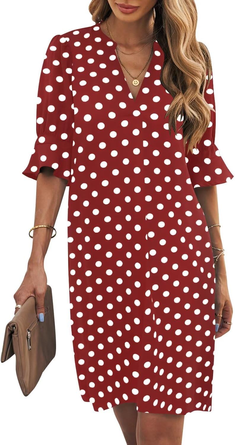 Wkior Shift Dress for Women V Neck Short Sleeves Solid Color Casual Flowy Summer Dresses(S-2XL)