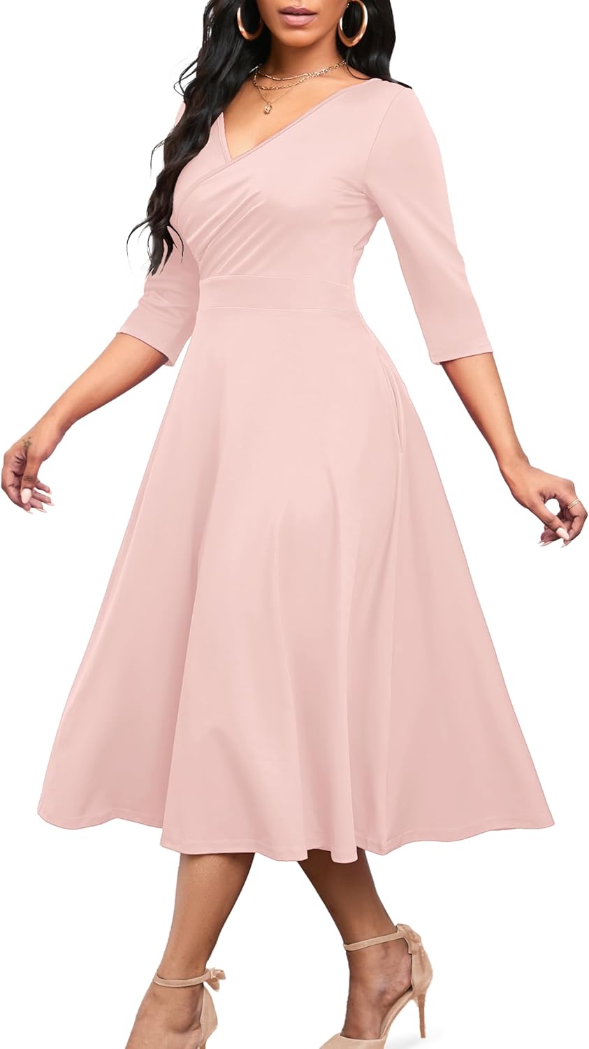 Nmoder Women's Casual Wrap Flared Midi Dress Wedding Guest Cocktail Tea Dresses A-Line Swing V-Neck 3/4 Sleeve