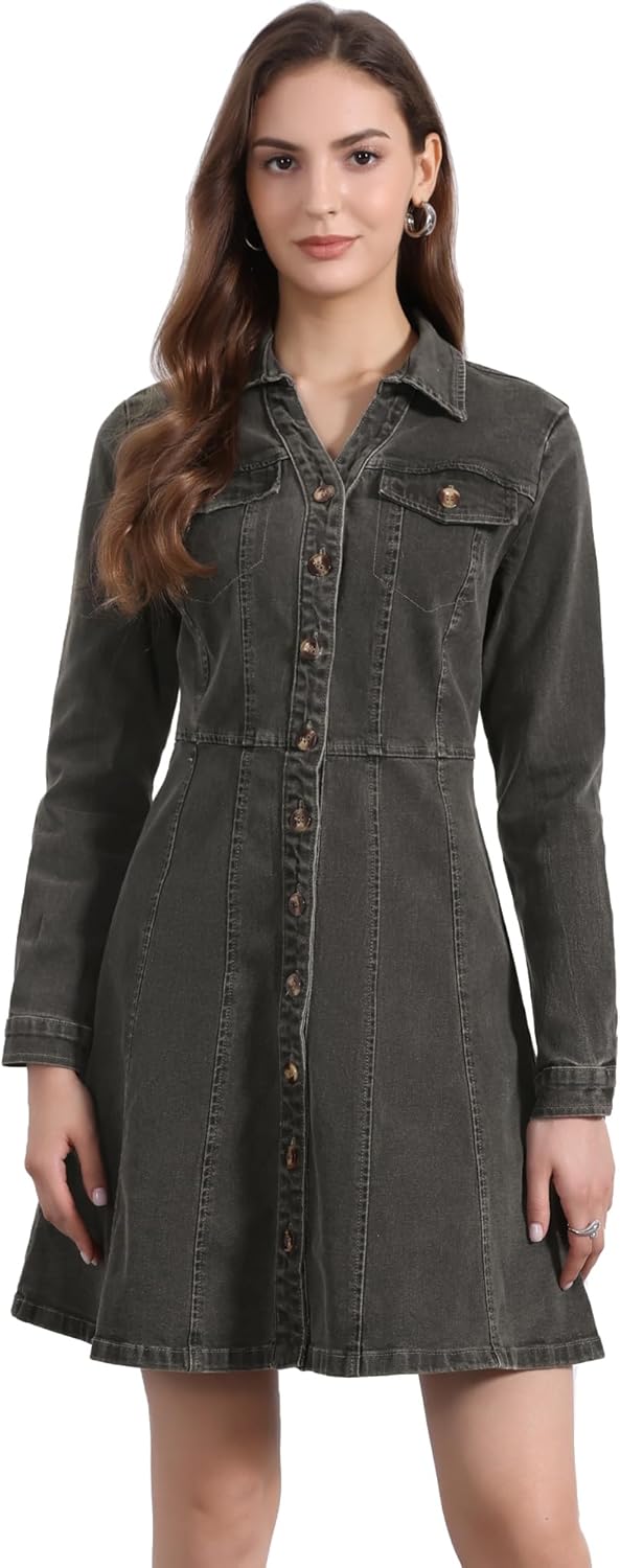 Allegra K Women's Denim Dress Button Down Collar V Neck Long Sleeve A-line Cotton Jean Dress