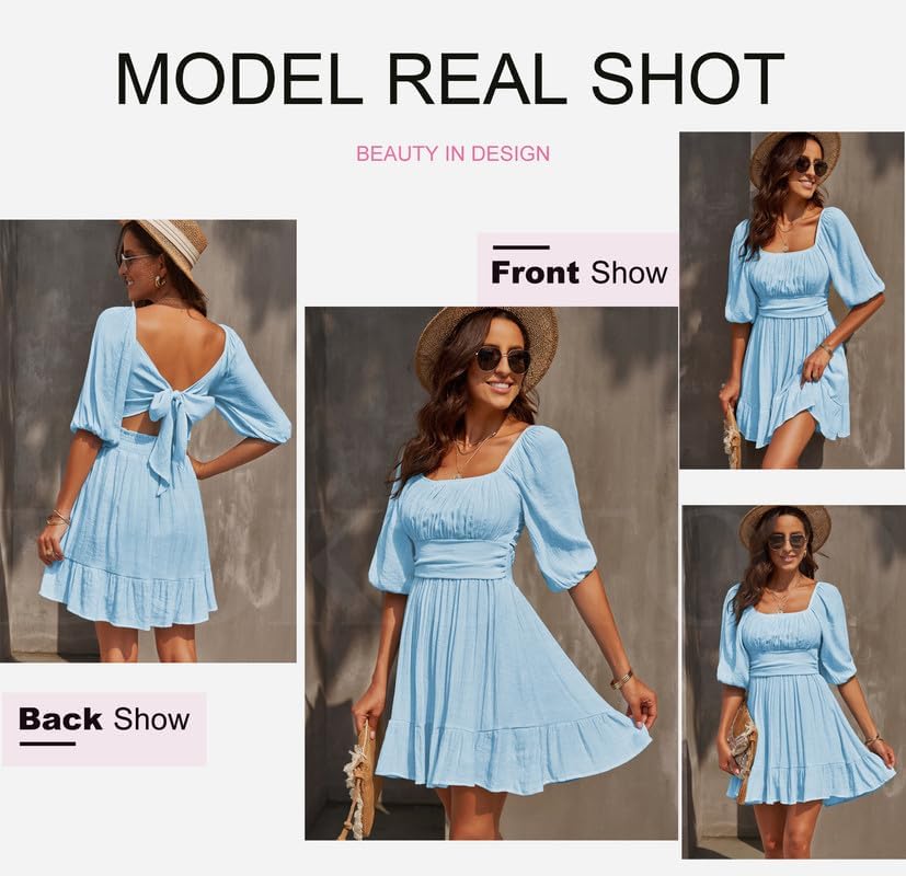 Dokotoo Womens Summer Dresses Square Neck Tie Back Lantern Sleeve Ruffle A-Line Casual Dress