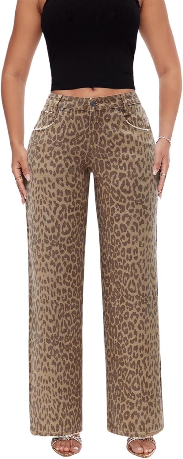 ONESO Mid-Low Rise Baggy Jeans Wide Leg for Women Distressed Pants Stretchy Bottom Lady Basic Comfortable Denim