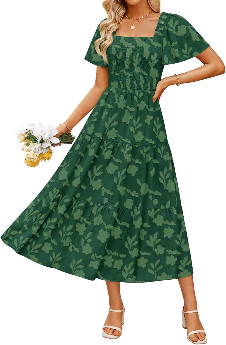 ZESICA Women‘s Summer Boho Floral Midi Dress 2025 Casual Short Sleeve Square Neck Flowy Beach Vacation Long Dress