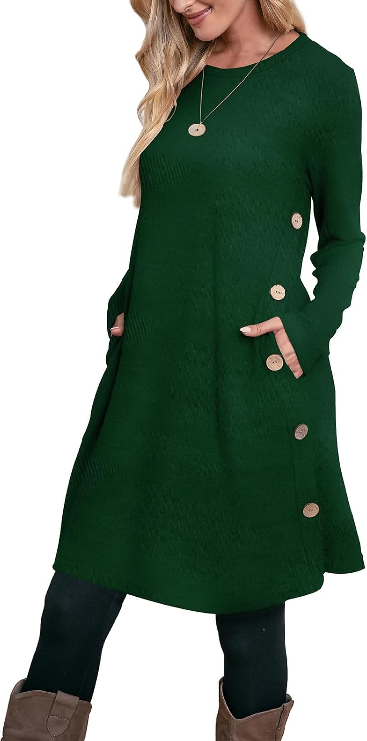 OFEEFAN Long Sleeve Dress for Women Crew Neck Tunic Dress with Pockets Buttons Side