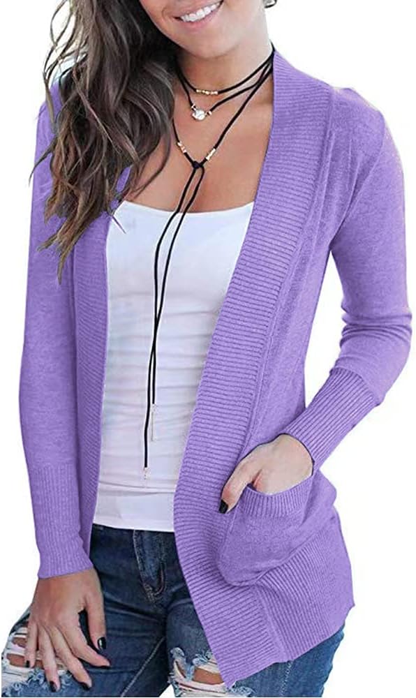 VOIANLIMO Women's Open Front Casual Long Sleeve Knit Classic Sweaters Cardigan with Pockets