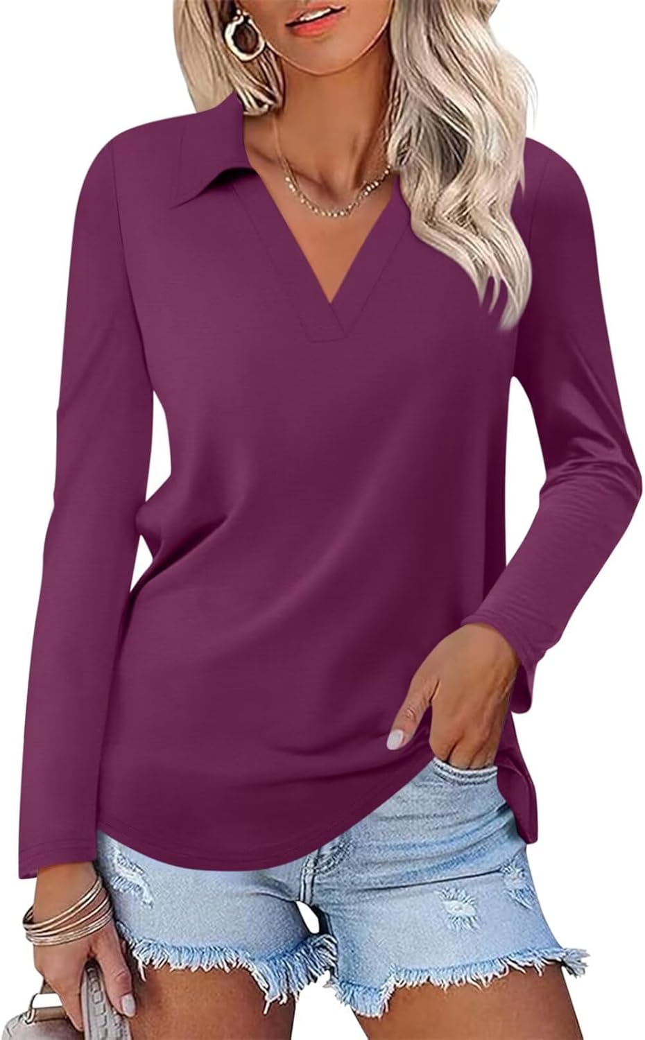 ORANDESIGNE Women's Long Sleeve Polo Shirts Casual Color Block V Neck Tops Fall Collar Ladies Tunics Tees