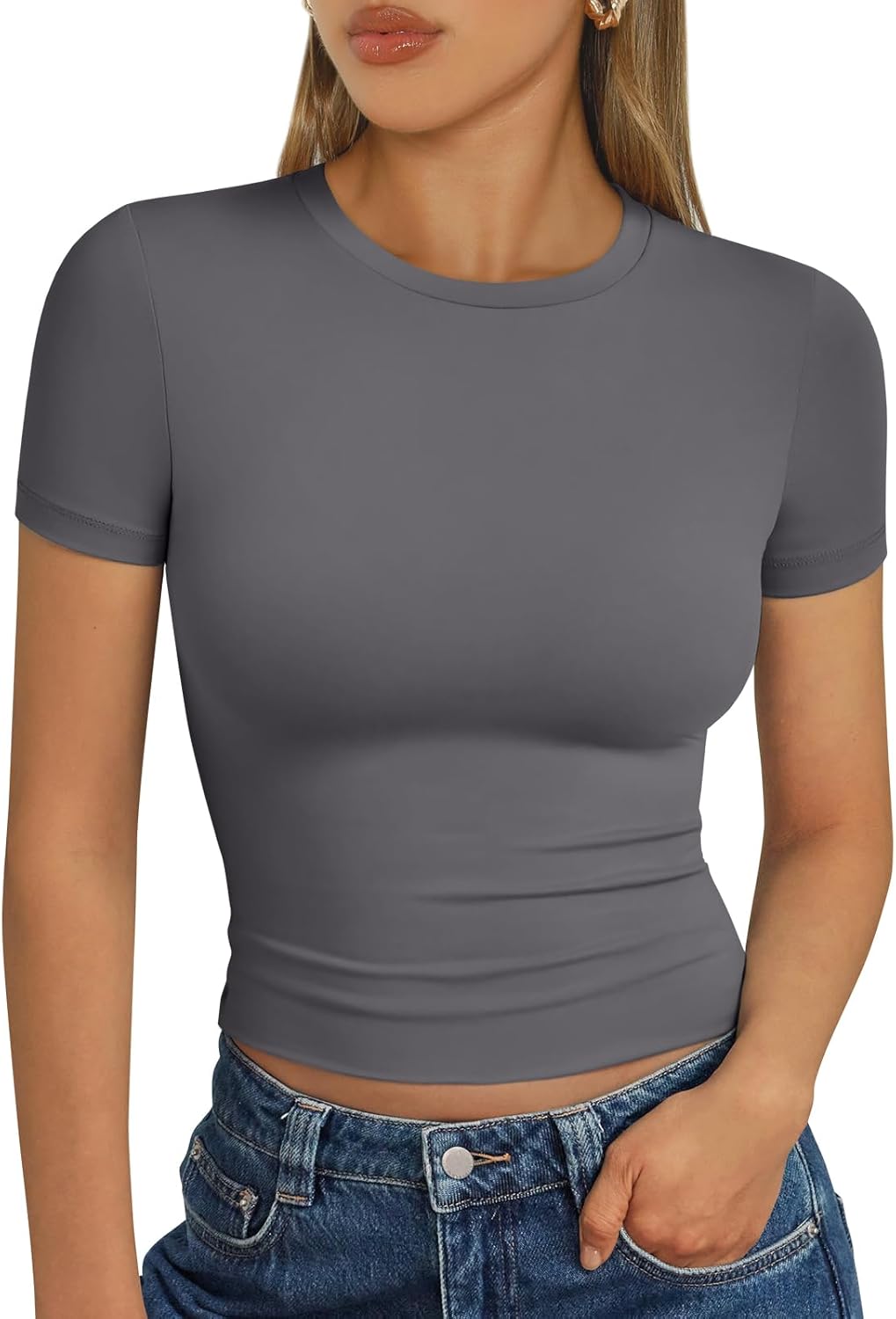 Trendy Queen Womens Short Sleeve T Shirts Summer Crop Tops Basic Slim Fit Gym Workout Y2k Clothes