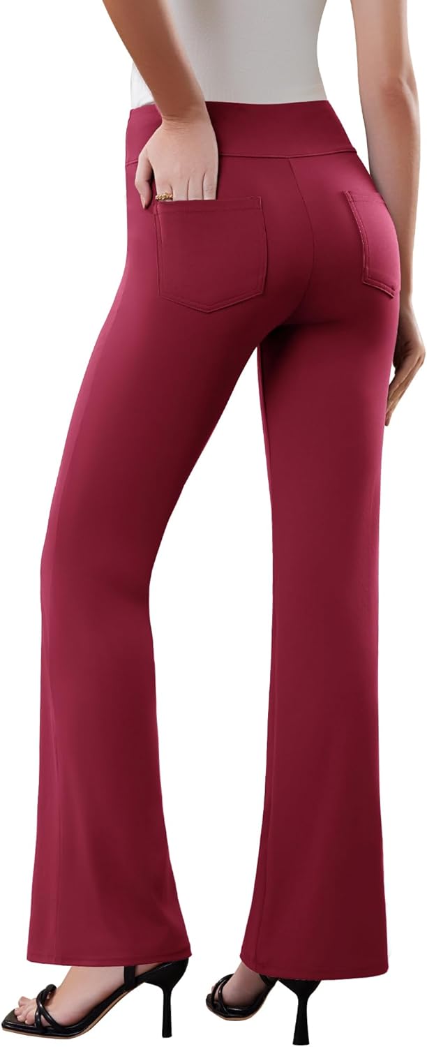 Womens Dress Pants Stretchy Work Pants Business Casual Office Trousers Pull On Flare Slacks with 4 Pockets