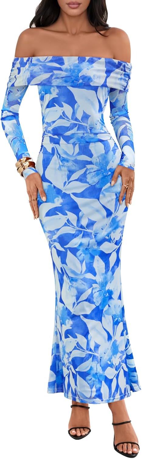 MEROKEETY Women's Fall Off Shoulder Floral Maxi Dresses Formal Long Sleeve Bodycon Cocktail Wedding Guest Dress