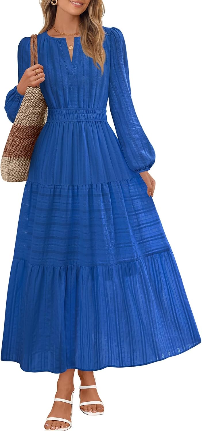 MEROKEETY Fall Dresses for Women 2025 Winter Long Sleeve Casual V Neck Tiered Cotton Midi Maxi Dress Pockets