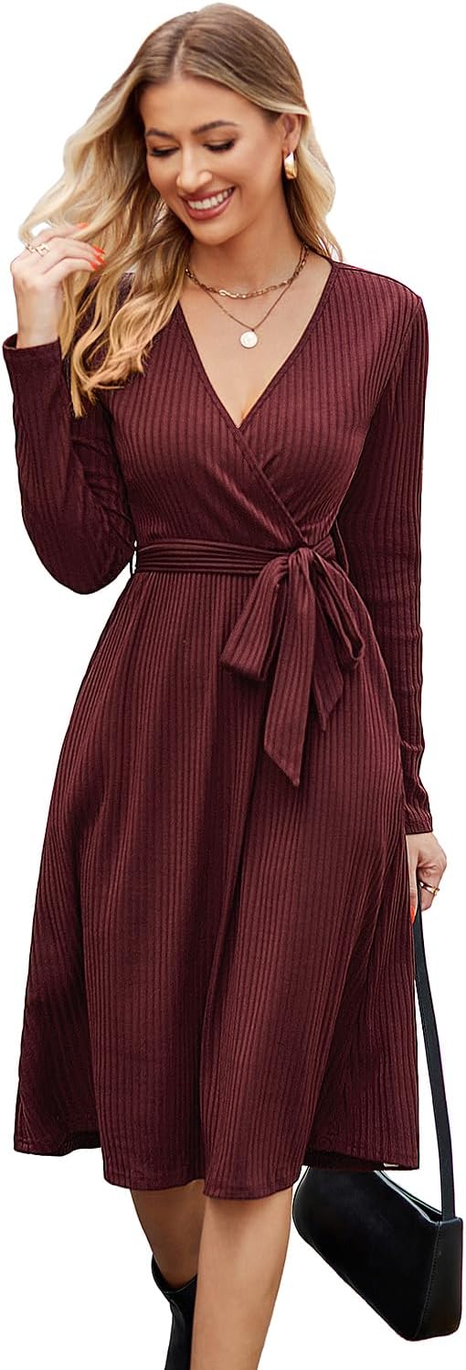 Newshows Womens 2025 Fall Dresses Teacher Church Business Casual Work Outfits Knit Midi Sweater Pockets Belt Dress