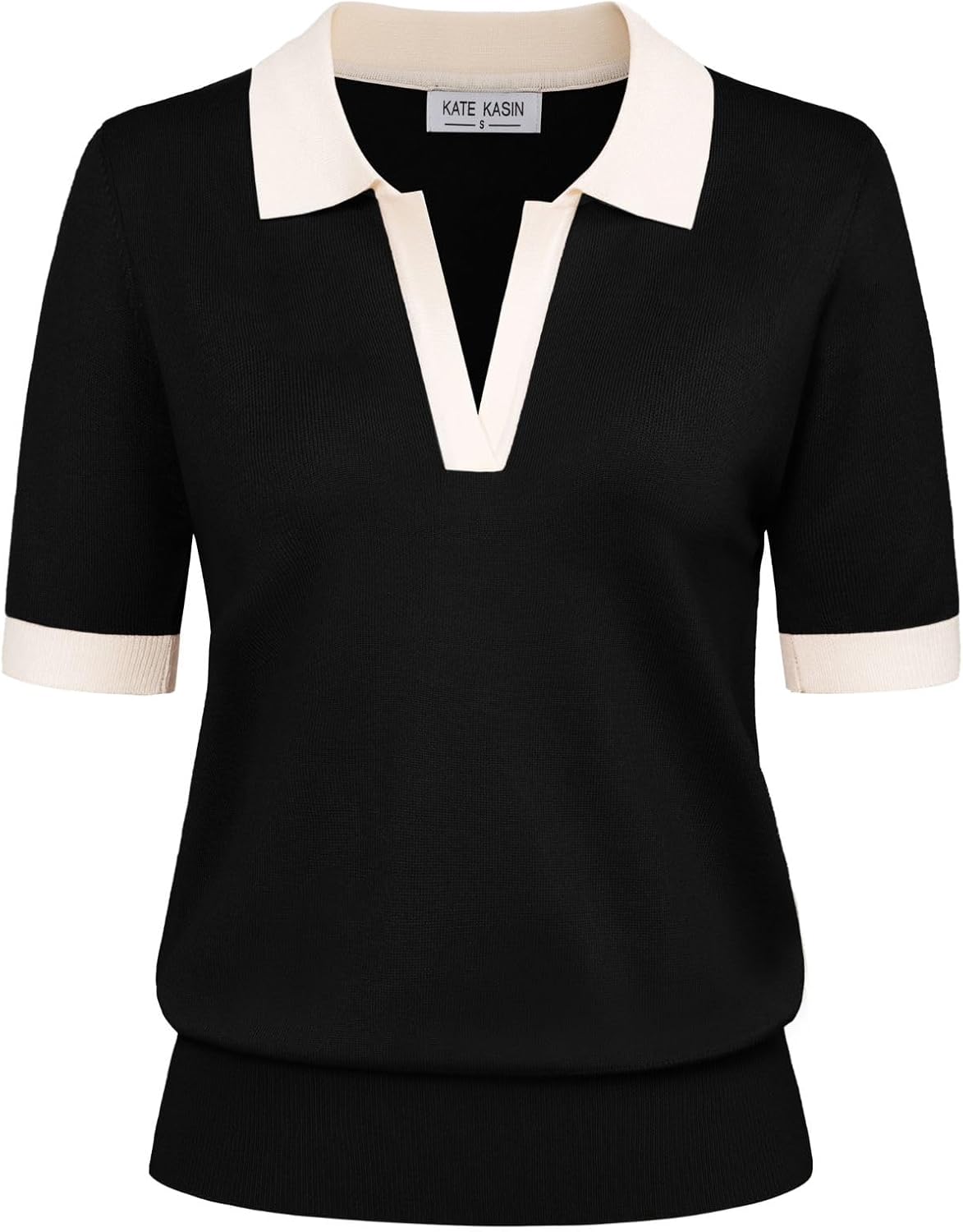 Kate Kasin Women Short Sleeve Polo Sweater V Neck Knitted Tops Casual Ribbed Shirt Loose Pullover Sweater