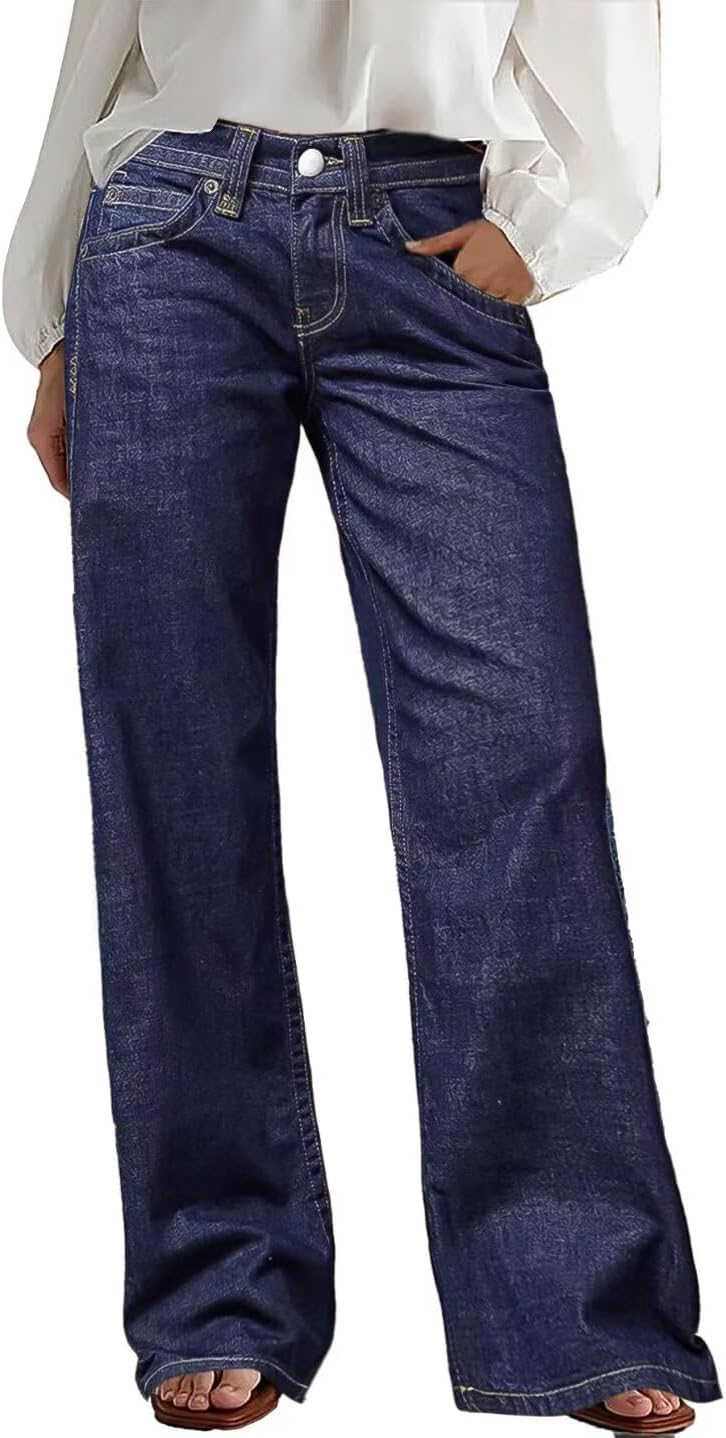 Flamingals Wide Leg Jeans for Women Mid Waist Baggy Stitch Decor Denim Washed Pants Without Belt