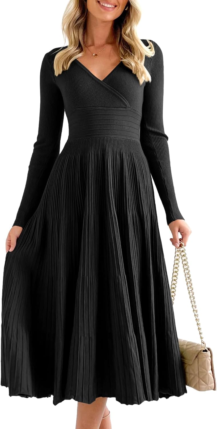 Saodimallsu Womens Long Sleeve Midi Sweater Dress Wrap V Neck Pleated A Line Fit Flare Elegant Knit Maxi Dress
