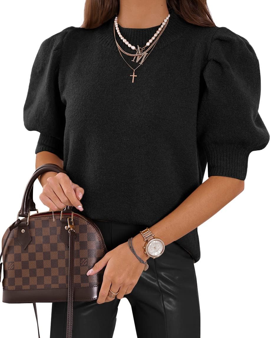 Women's Puff Short Sleeve Sweater Tops 2025 Summer Fall Trendy Knit Crew Neck Casual T Shirts Blouses