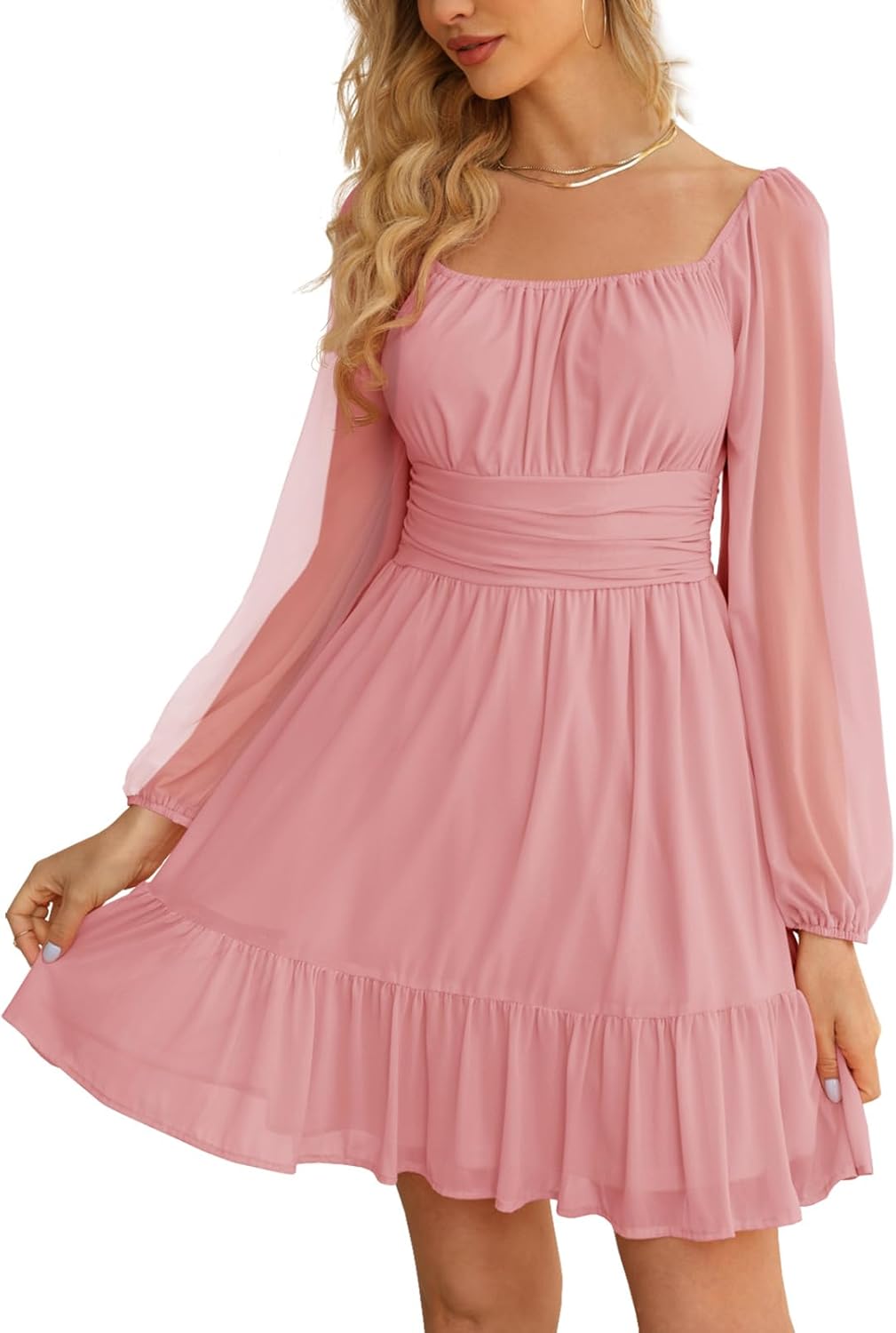 Wenrine Women's Mesh Long Sleeve Square Neck Dress High Waist A Line Ruffle Hem Flowy Casual Party Mini Dress