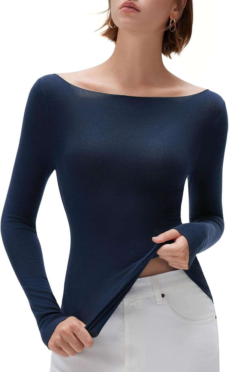 SUUKSESS Cloud Cashmere Women Boat Neck Fitted Long Sleeve Shirt Basic Knit Tops