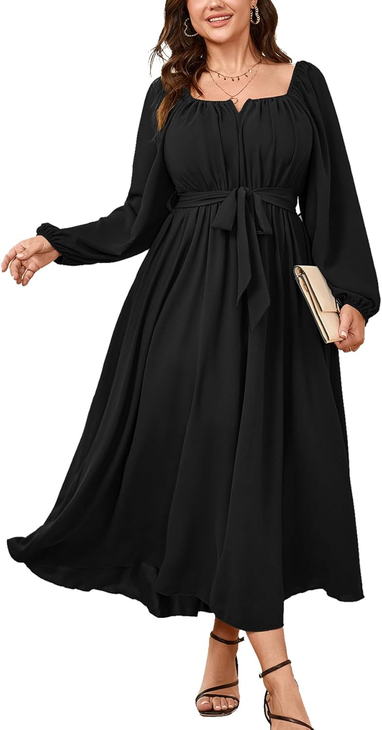 SCOMCHIC Women Plus Size Maxi Dress Long Sleeve Square Neck Wedding Guest Cocktail Belted Elegant Flowy A Line Long Dresses