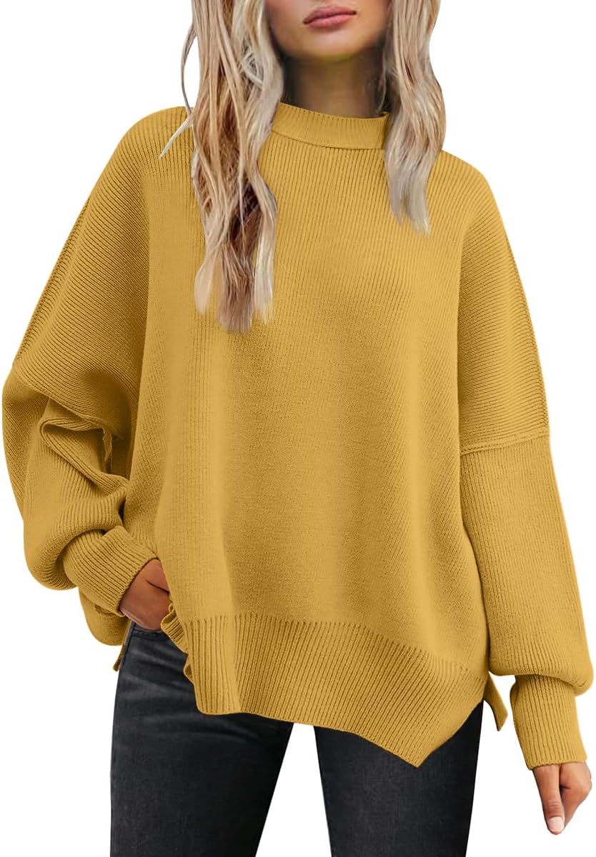 LILLUSORY Women's Oversized Batwing Sweaters 2025 Fall Outfits Trendy Crewneck Knit Side Slit Fashion Pullover Tops