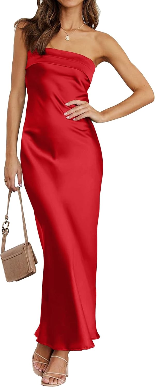 MEROKEETY Cocktail Dresses for Women Summer Strapless Satin Tube Bodycon Backless Wedding Guest Formal Party Maxi Dress