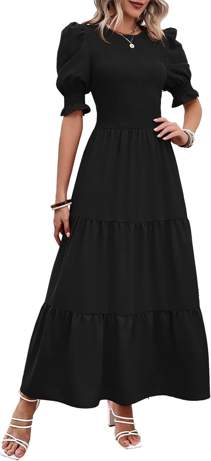 BTFBM Women Casual Summer Dresses 2025 Spring Crew Neck Ruffle Short Sleeve Floral Print Smocked Boho Flowy Maxi Dress