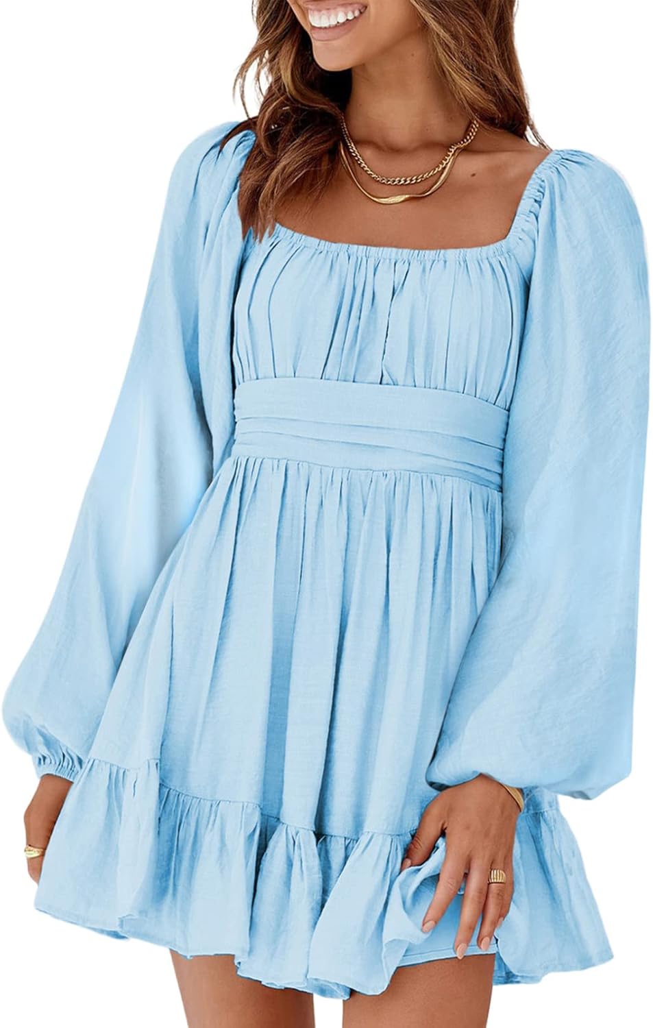 Dokotoo Womens Dress Long Lantern Sleeve Square Neck Tie Backless Sexy Dress Ruffle Elastic Waist A-Line Mini Dress