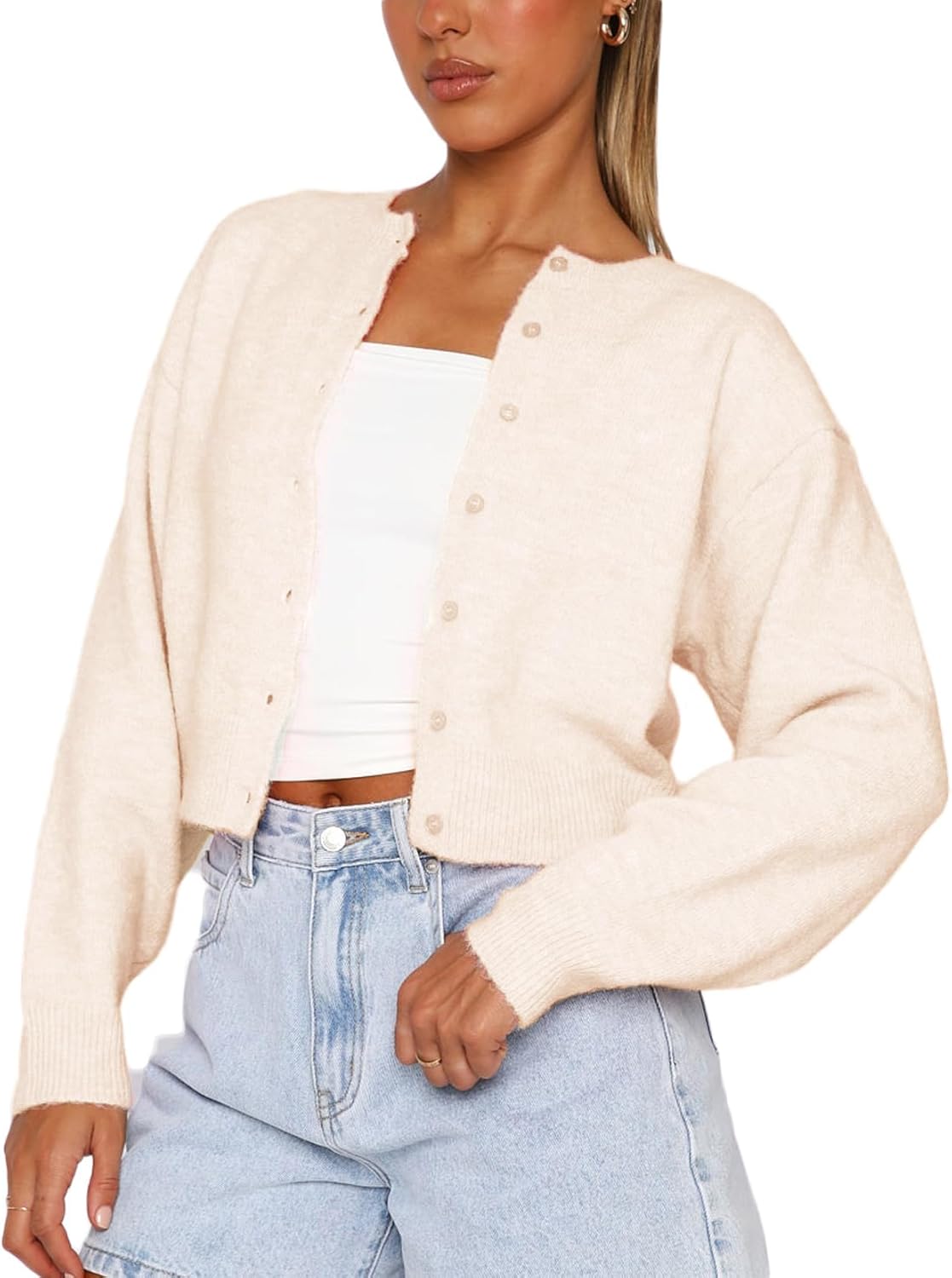 Women Y2K Button Front Crop Sweater Cardigan Solid Color Crew Neck Long Sleeve Knit Fall Tops Streetwear