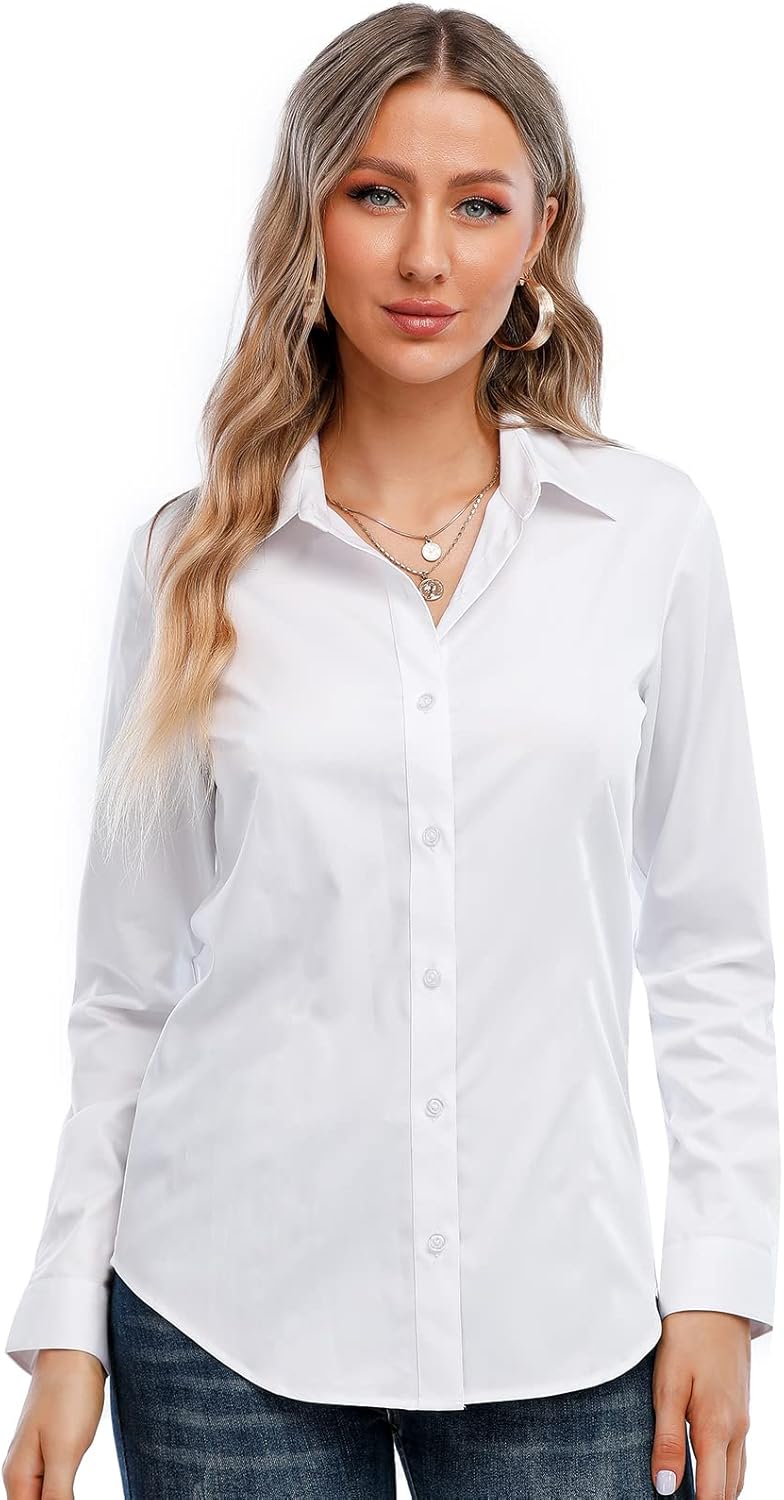 SUNNOW Womens Button Down Shirts Tailored Short Sleeve Shirt Basic Simple Stretch Wrinkle Free Formal Work Blouses