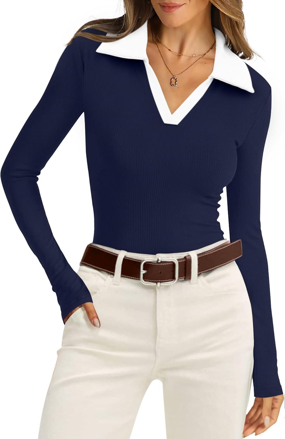WIHOLL Womens Polo Shirts Long Sleeve Business Casual Tops Collared V Neck Ribbed Knit Sweater Slim Fit Blouses