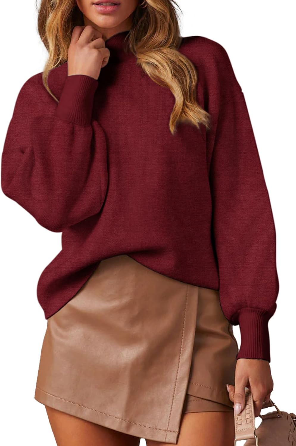 WEACZZY Women's 2025 Fall Fashion Casual Sweaters Mock Neck Long Lantern Sleeve Lightweight Knit Pullover Sweater Tops