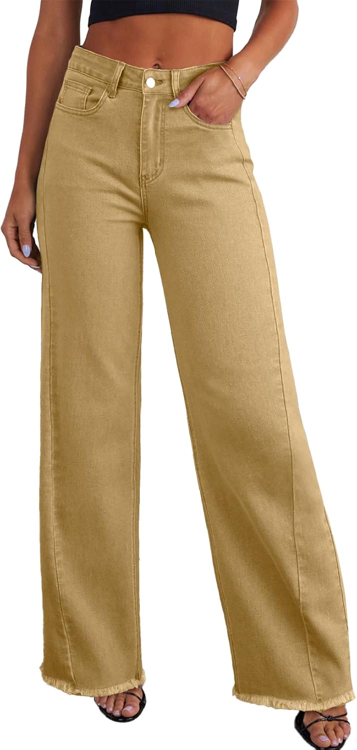 Sidefeel Women's Wide Leg Jeans High Waisted Strechy Raw Hem Zimbaplatinum Denim Pants