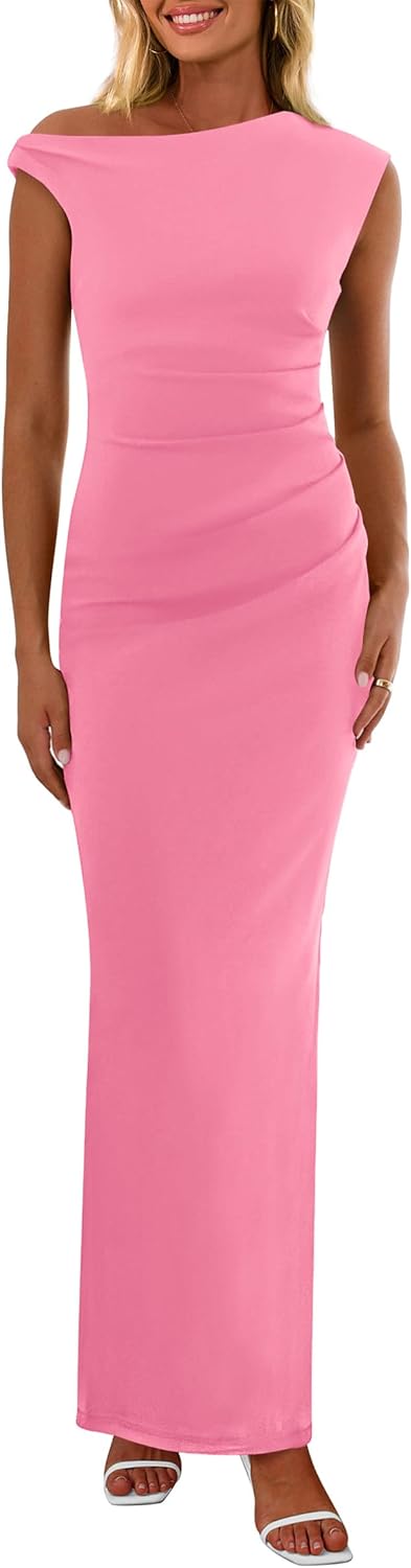 PRETTYGARDEN Women's 2025 Summer Formal Maxi Dresses Sleeveless One Shoulder Bodycon Ruched Mesh Wedding Guest Cocktail Dress