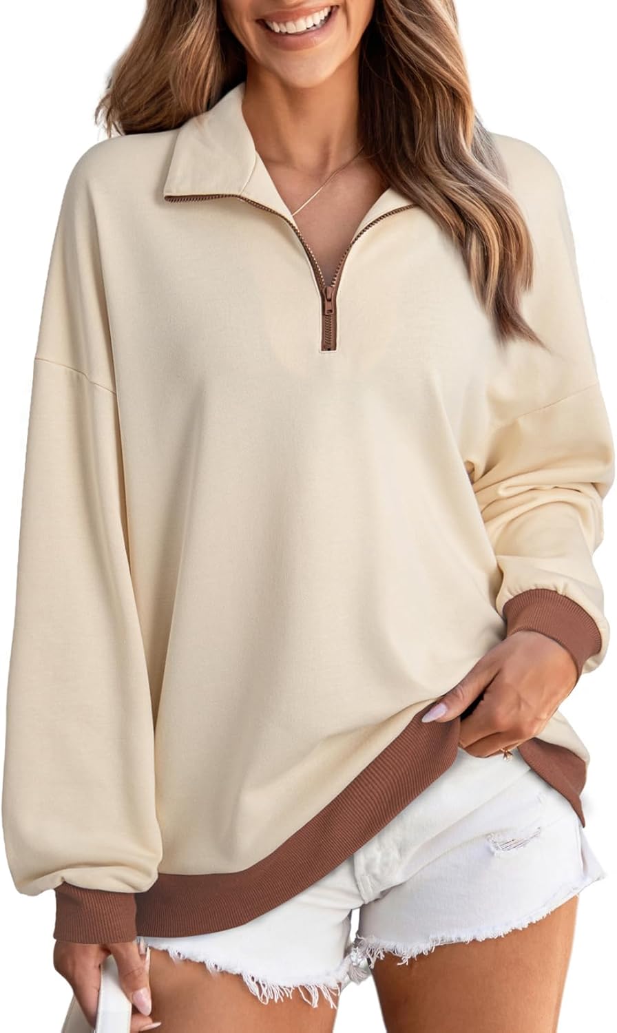 EVALESS Oversized Sweatshirt for Women 2024 Fall Outfits Fashion Long Sleeve Shirts Striped Quarter Zip Pullover Tops