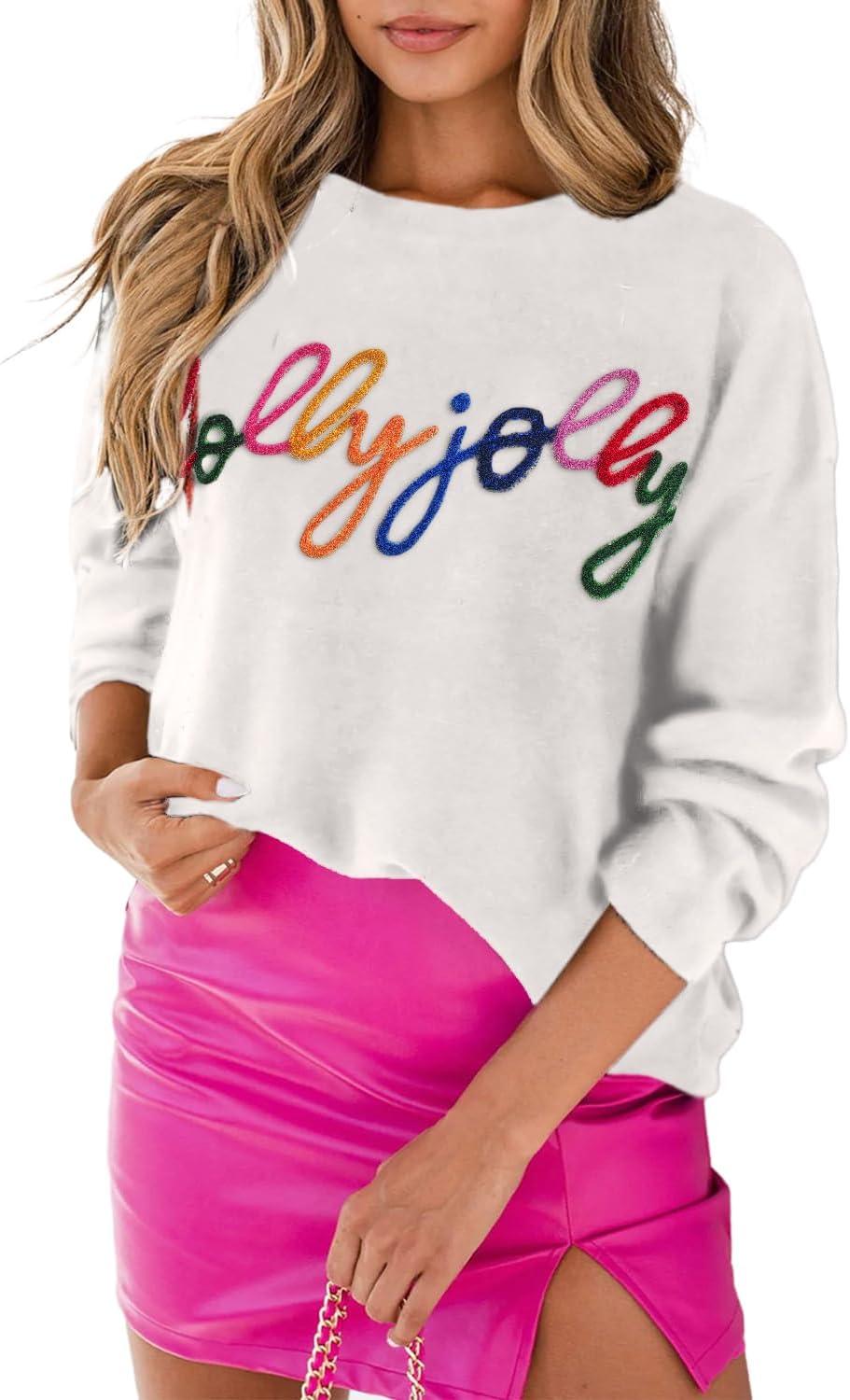 LEMAFER Women 2025 Merry Christmas Round Neck Sequin Letters Sweater Casual Solid Slogan Long Sleeve Pullover Sweatshirt Tops