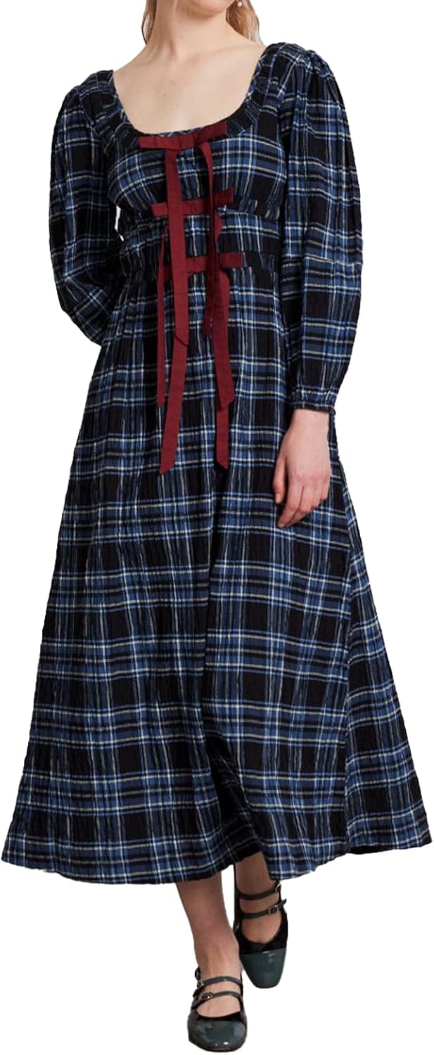 Women Plaid Maxi Dress Long Puff Sleeve Square Neck Flowy Boho Dress Bow Tie Smocked Fall Dresses