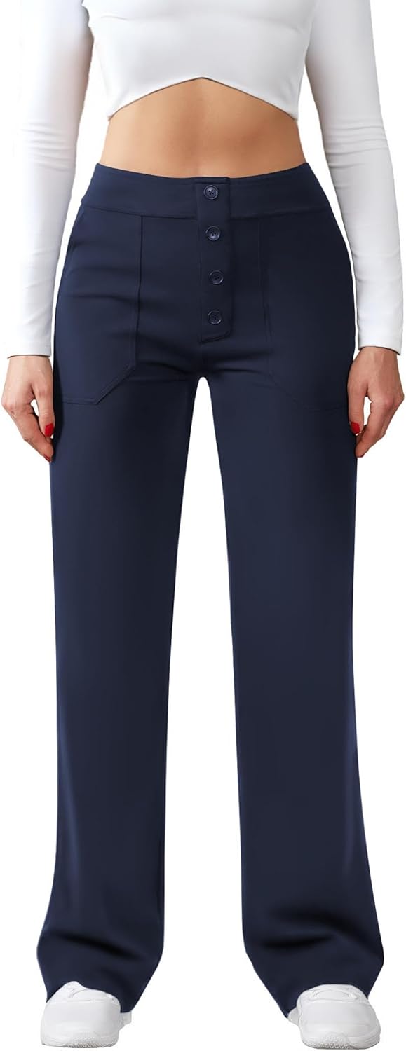 Womens Casual High Waist Straight Leg Pants Stretchy Button Business Dress Work Pocket Trousers